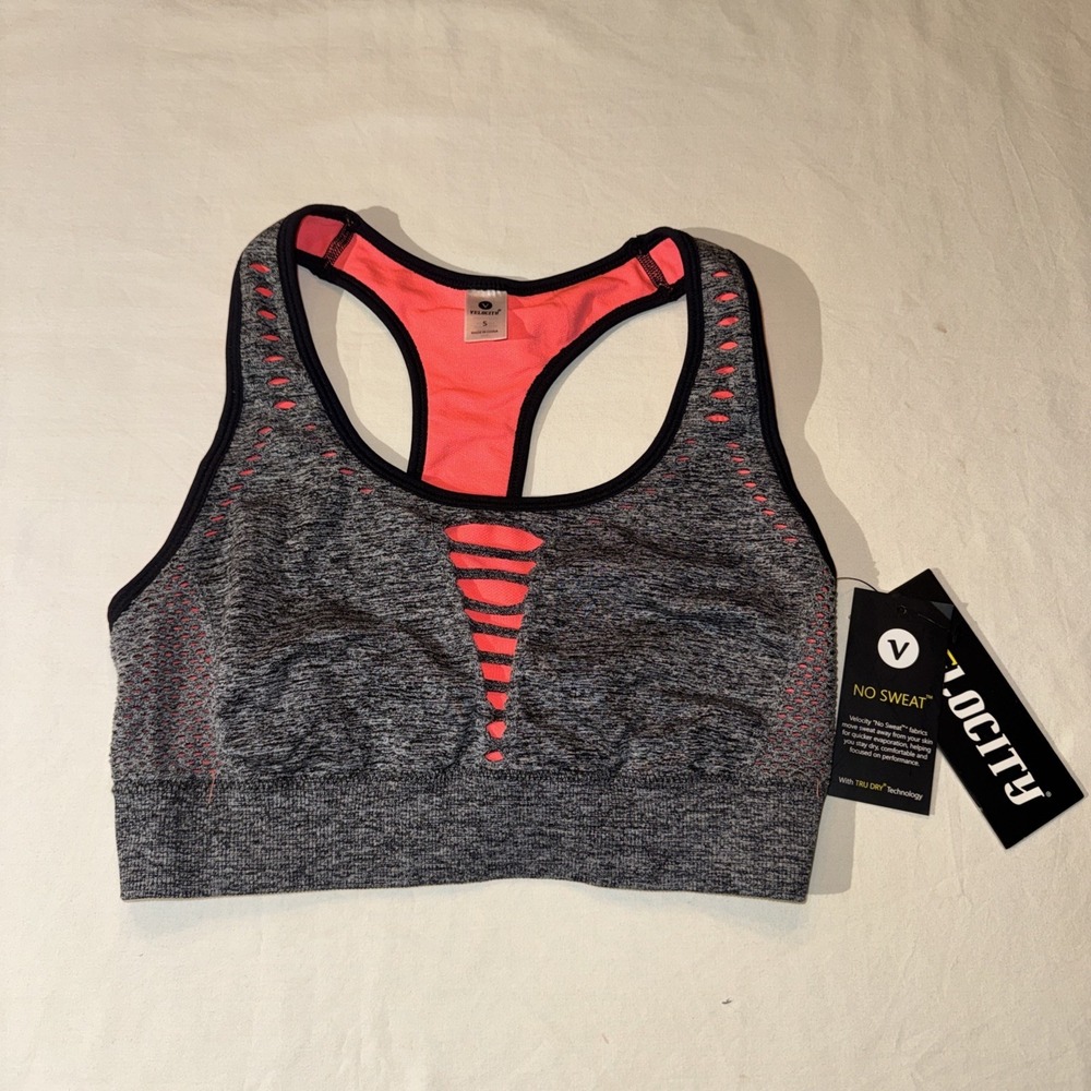 Velocity Women's T Back Sports Bra Charcoal Neon Coral SLV-20730B Size Small